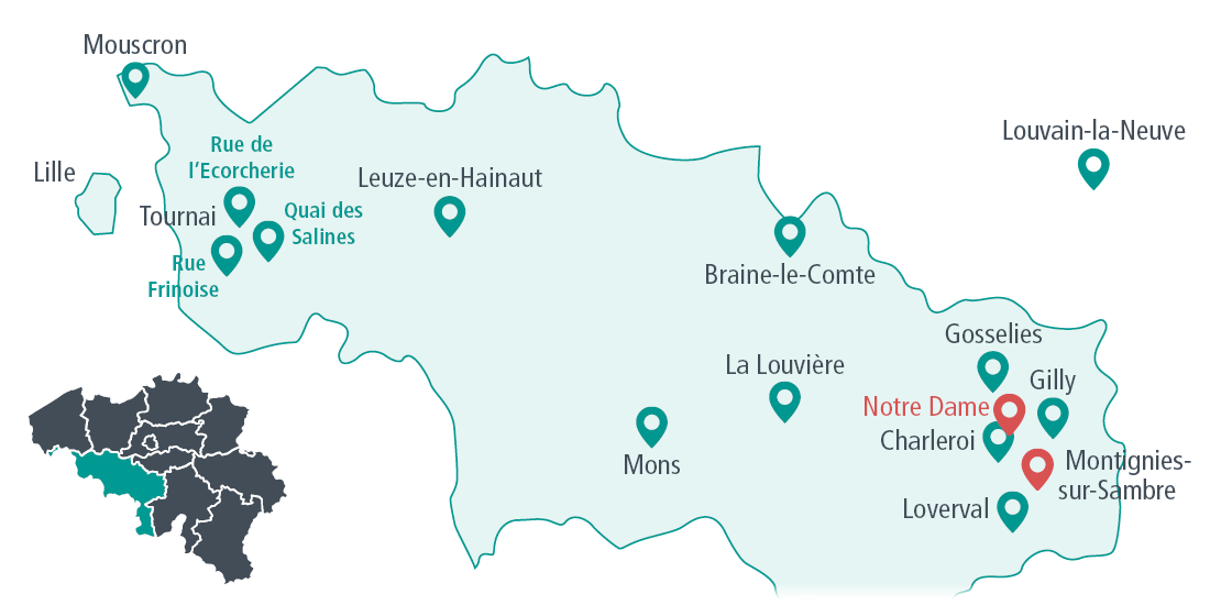 Carte des implantations de la HELHa 2025